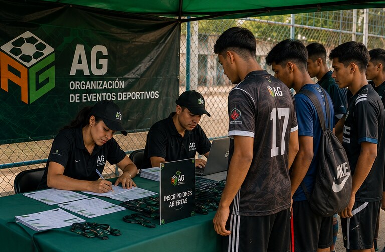 Equipo de AG atendiendo la mesa de inscripciones de un torneo